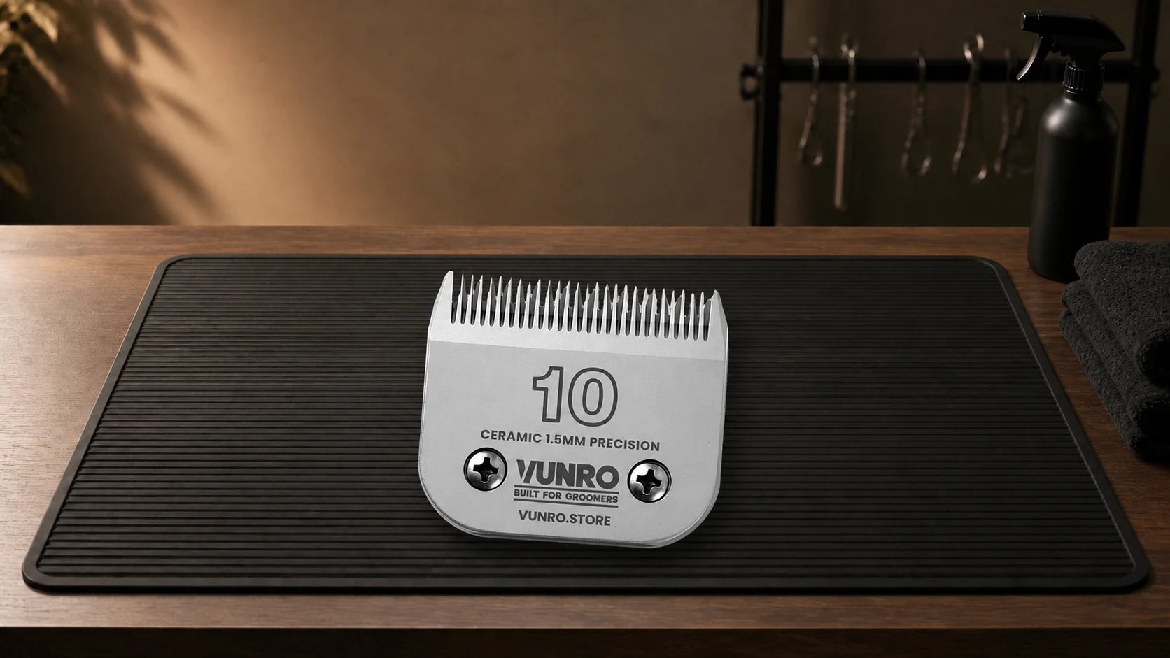 #10 Ceramic Dog Clipper Blade (1.5 mm) resting naturally on the VUNRO grooming workbench