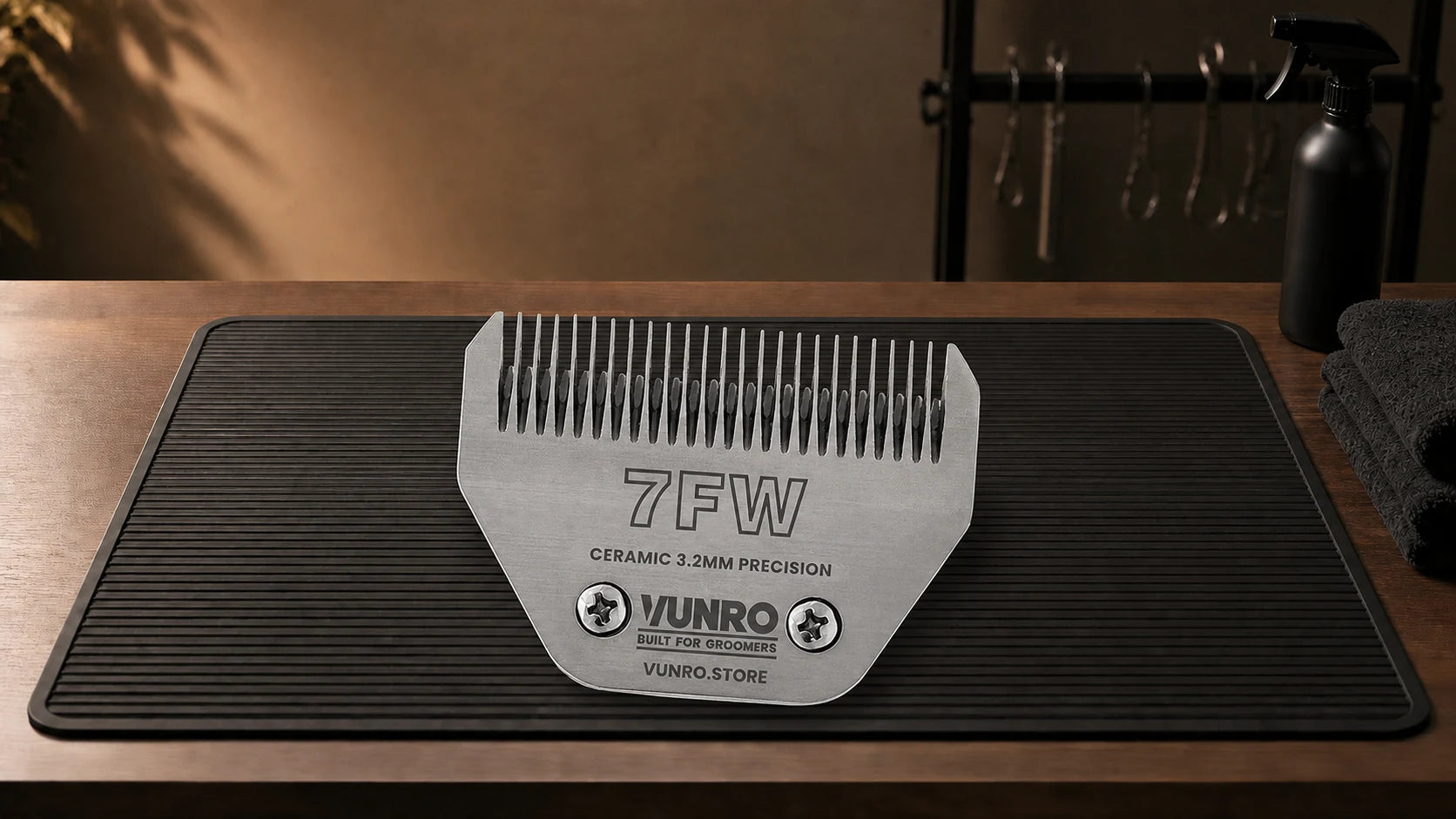 #7FW Ceramic Dog Clipper Blade (3.2 mm) resting naturally on the VUNRO grooming workbench
